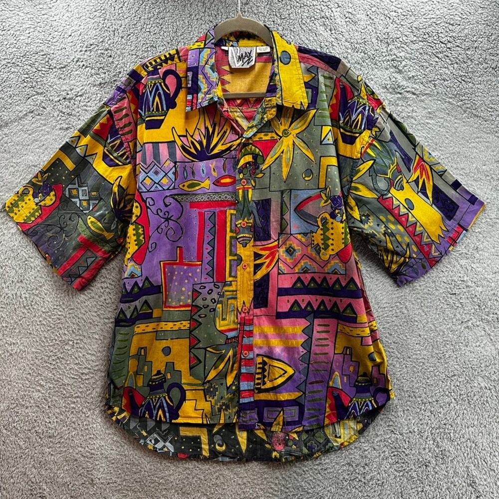 VTG BMax Women's 2X Multicolor Button Up Short Sleeve Shirt Art To Wear EUC